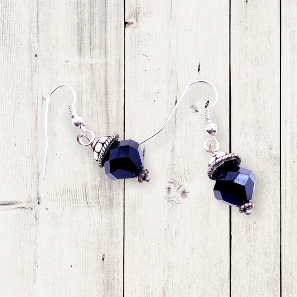 Hand Crafted Jewelry - Faceted black glass drop earrings
